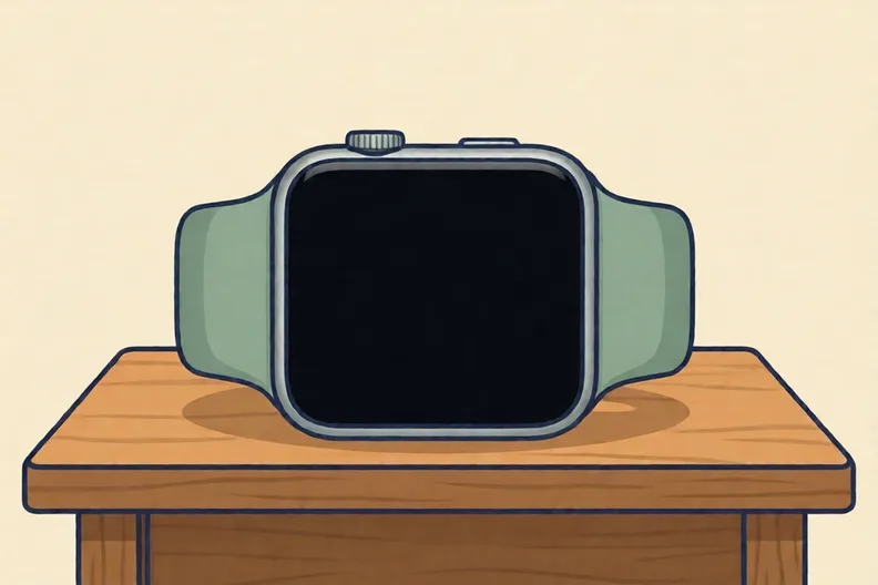 A rectangular digital watch with a blank screen on a wooden table.