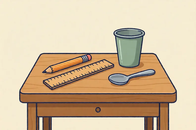 A tidy desk with a pencil, a ruler, a cup and a spoon