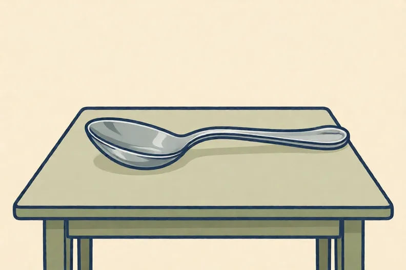 A metal spoon lying on a kitchen table