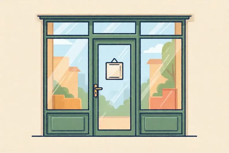 A plain glass shop door with a small notice panel and daylight outside