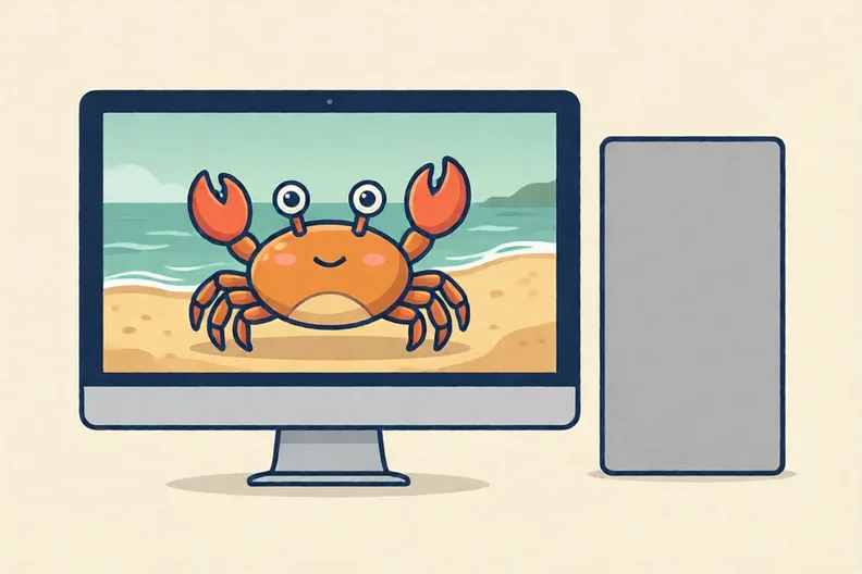 A cartoon crab on a sandy beach on a computer screen