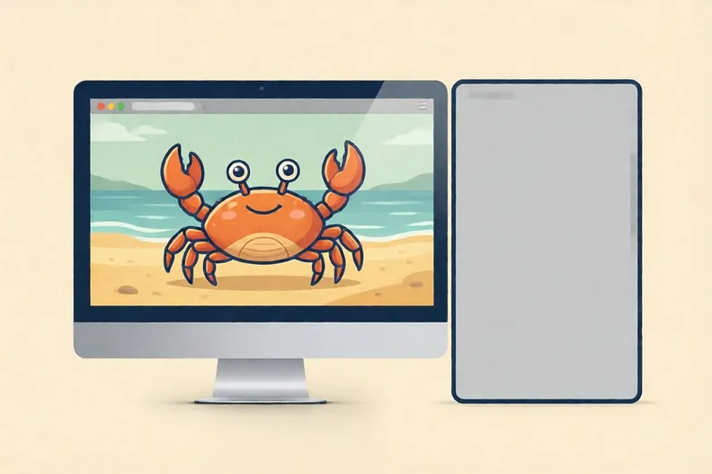 A cartoon crab on a beach on a screen, with an empty panel beside it