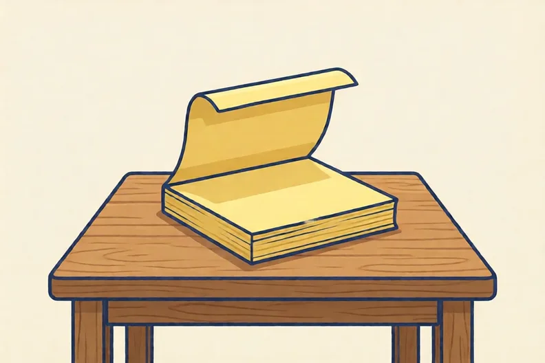 A pad of sticky notes on a table, with the top sheet bent back