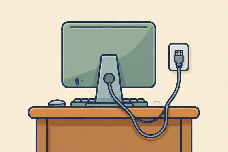 A desktop computer on a wooden desk, with a network cable plugged into a wall socket