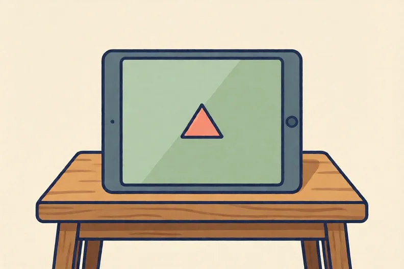 A tablet on a wooden table with a small triangle shape on its screen