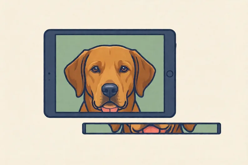 A tablet shows a brown dog; a thin cut-off strip of it lies beside.
