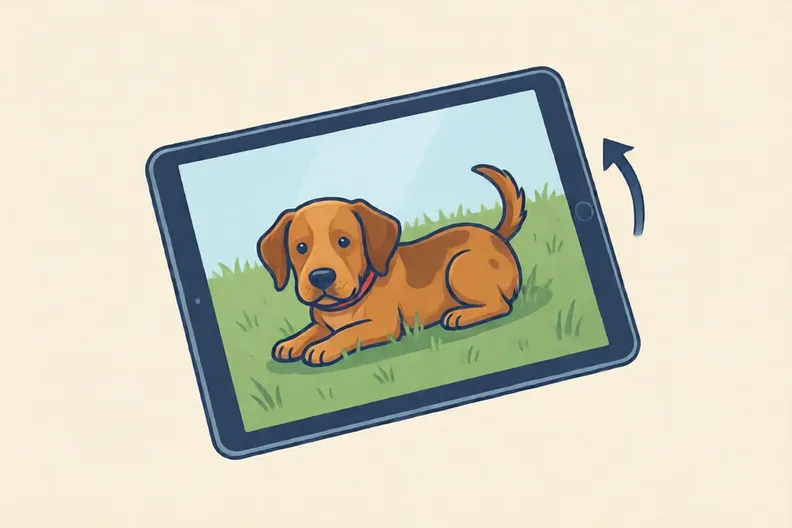 A tilted tablet showing a brown dog on grass, with a curved turn arrow.
