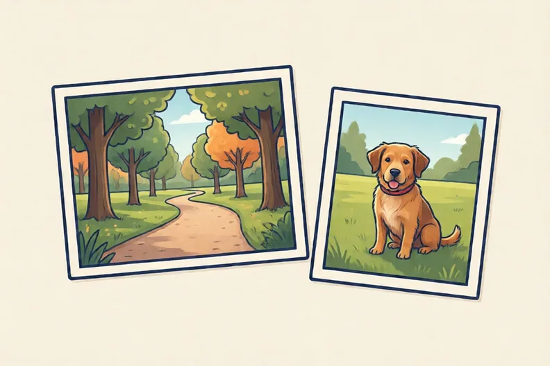 A wide park photo beside a close-up of a brown dog cut from the same photo