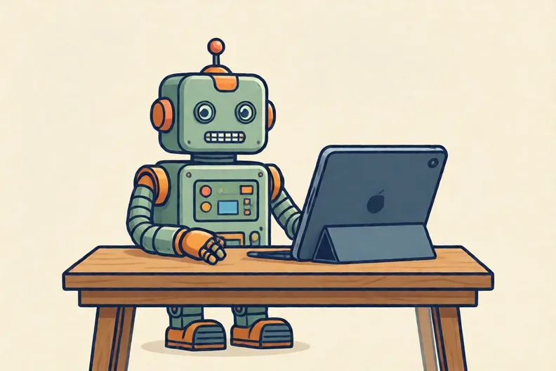 A small toy robot on a table beside a tablet