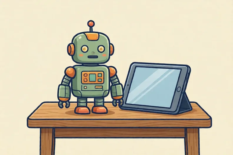 A small toy robot standing on a table next to a tablet