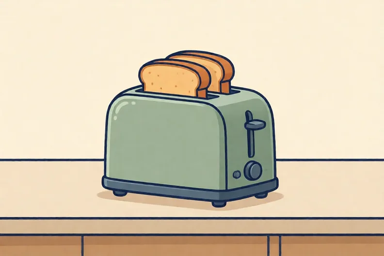 A two-slice toaster on a kitchen worktop with bread in the slots