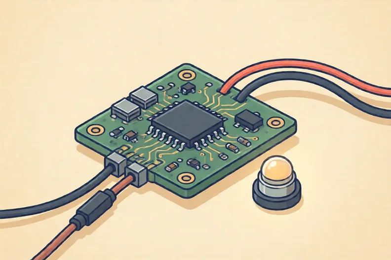 A green circuit board with metal pads and a small round LED light beside it