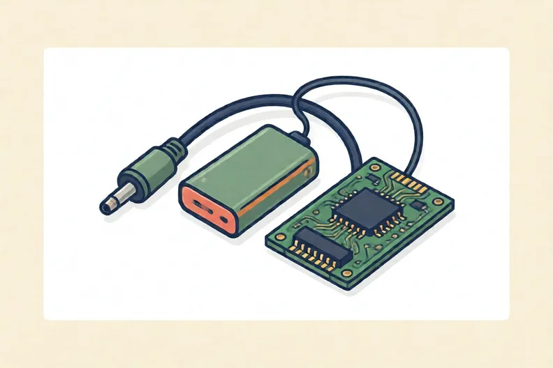 A cable, a battery pack and a green circuit board on a plain background.