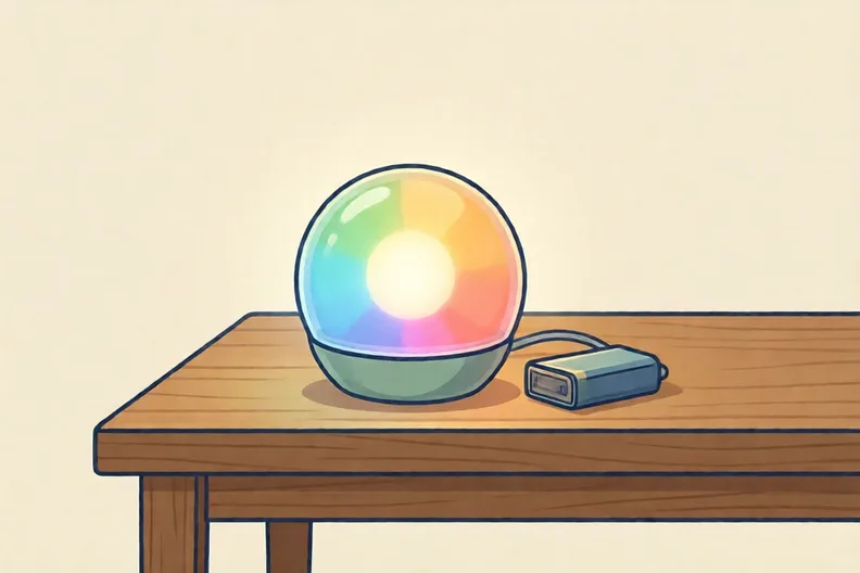 A small round multicolour LED light glowing softly beside a battery pack