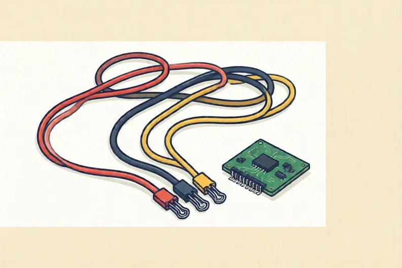 Three coloured wires with metal clips beside a small green circuit board