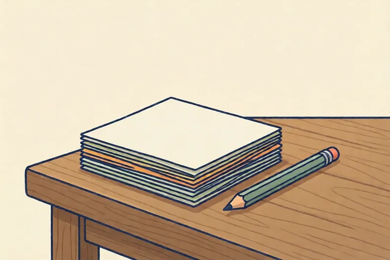 A stack of plain paper cards beside a pencil on a wooden table