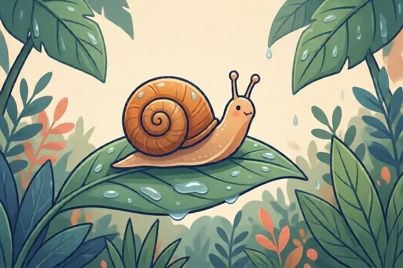 A snail on a wet leaf in a garden after rain