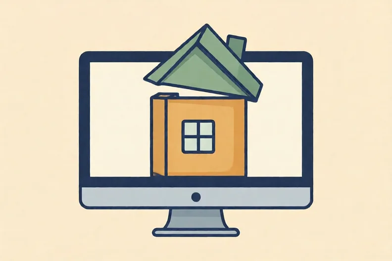 A simple house made of separate shapes on a computer screen, with the roof slightly apart from the walls