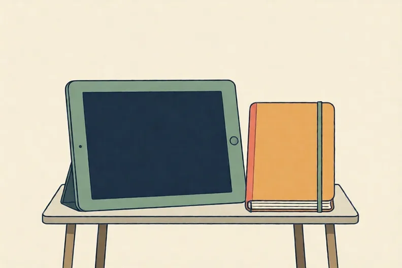 A tablet and a notebook on a table, screen dark