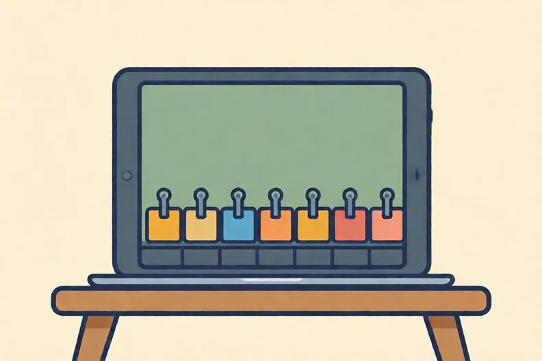 A tablet on a table, screen showing a row of coloured blocks
