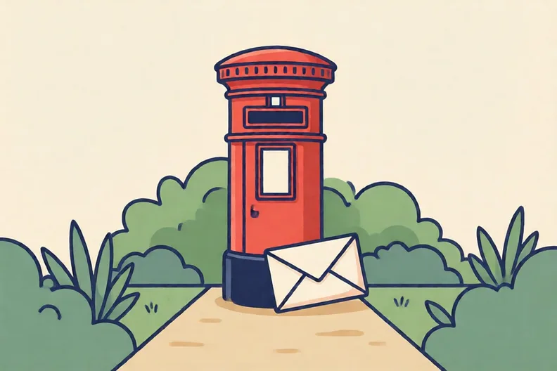 A red postbox at the end of a garden path with a sealed envelope resting against it