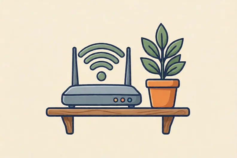 A small grey Wi-Fi router with two blinking lights on a shelf, no people