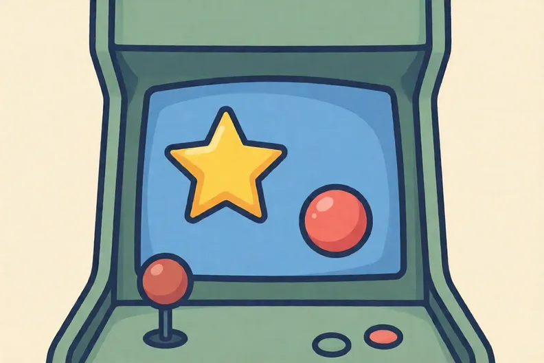 A simple arcade game screen with a yellow star and a red ball on a blue background