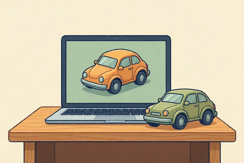 A small toy car shown on a laptop screen beside a real toy car on a table