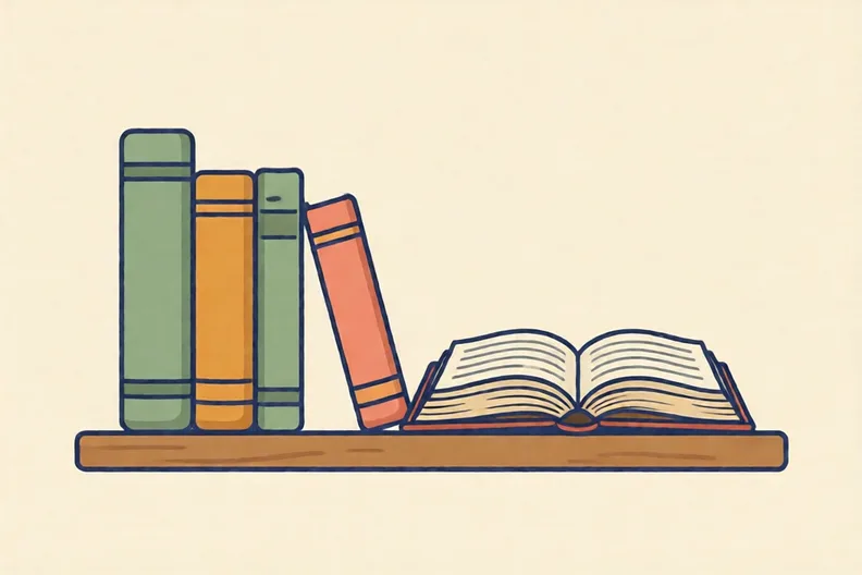 A row of books on a shelf with one book open, showing its pages