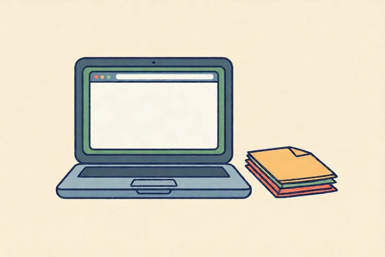 A laptop beside a stack of folded papers, screen showing a plain browser window