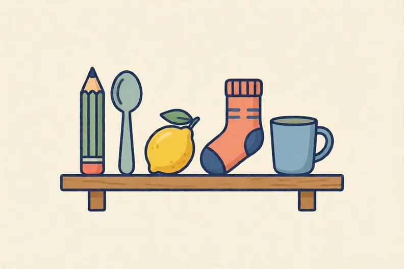 A wooden shelf with a pencil, a spoon, a lemon, a sock and a cup