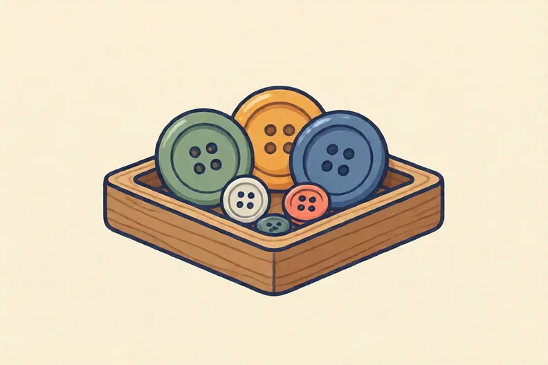 A tray of buttons, some big and some small, in several colours