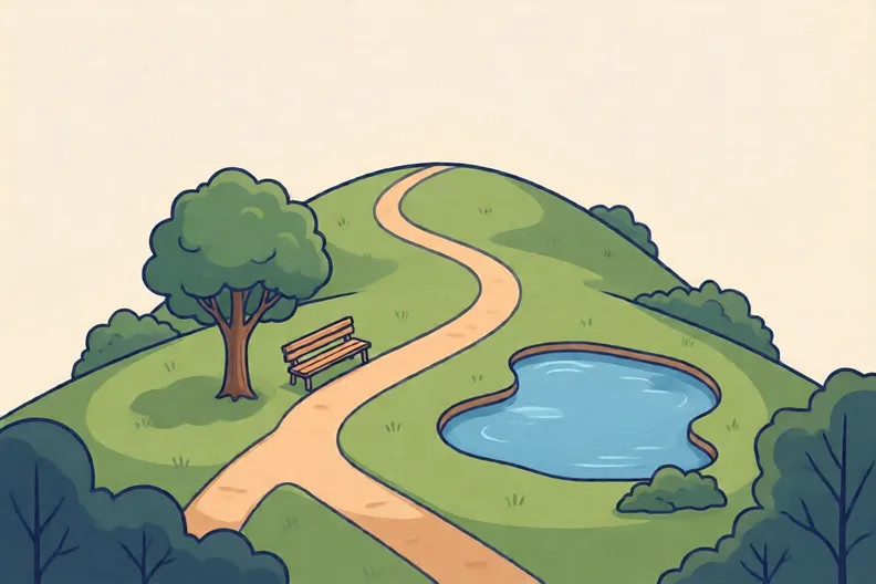 A grassy hill looking down over a park with a path and a tree