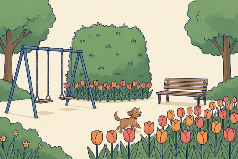 A park with swings, a tall hedge, a tulip bed with a bench, and a dog running through the tulips
