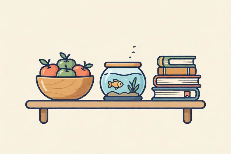 A classroom shelf with a bowl of apples, a fish tank and a pile of books