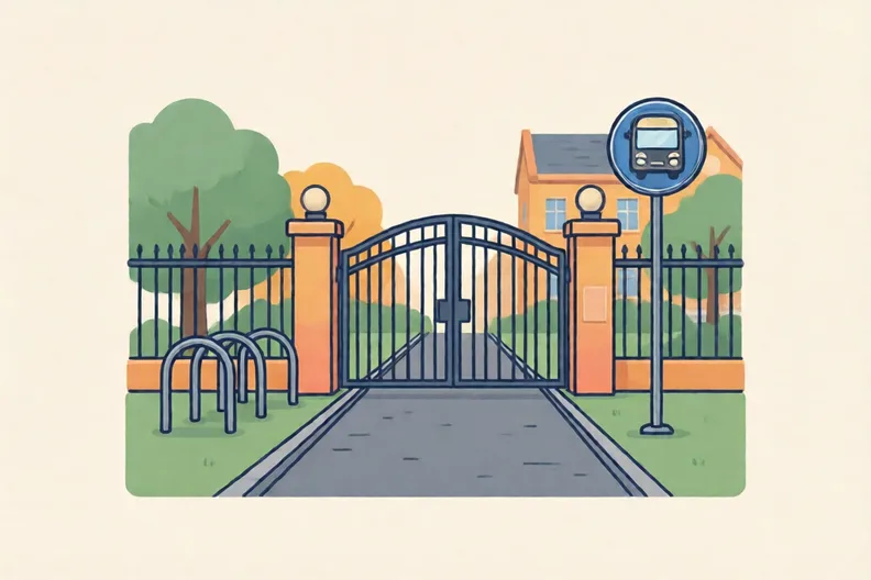 A school gate with a bike rack, a bus stop and a path, with no people