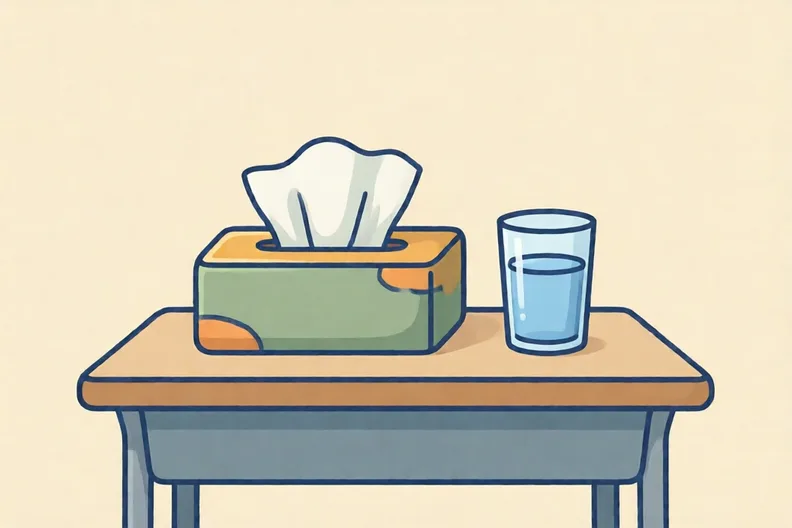 A tissue box and a glass of water on a classroom table
