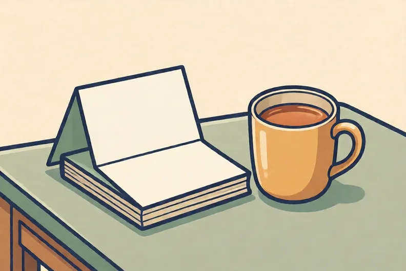 A folded note lying on a kitchen table beside a mug