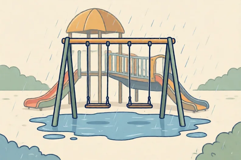 An empty playground in the rain with swings and puddles