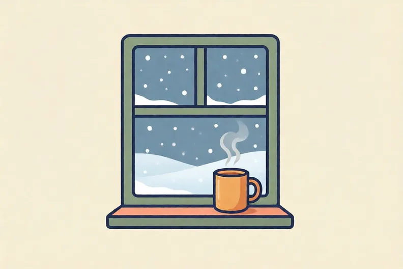 A window with snow falling outside and a steaming warm mug on the sill, no people