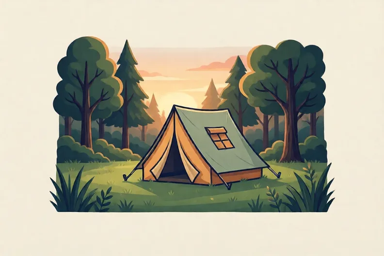 A small tent in a grassy field at dusk with trees behind it