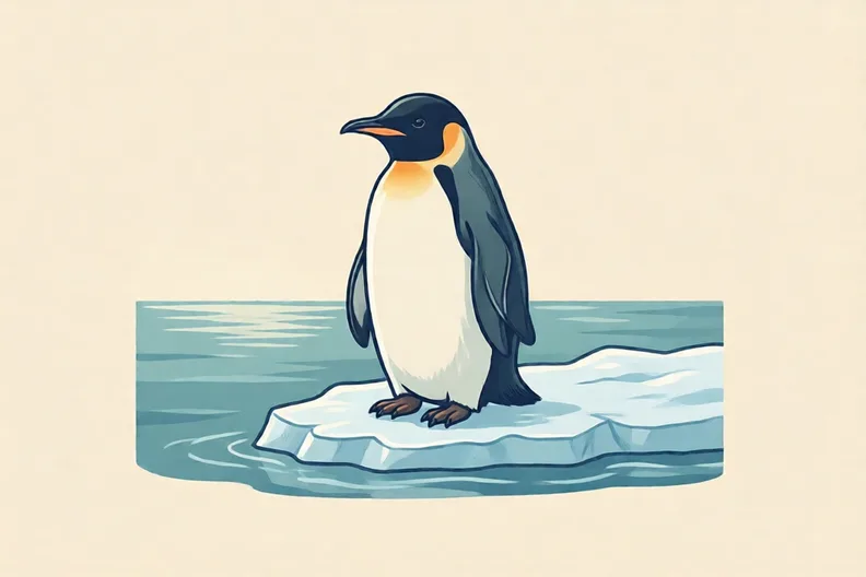 A penguin standing on ice beside the sea