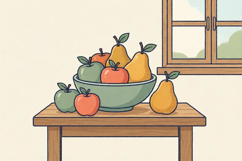 A bowl of apples and pears on a wooden table, no people