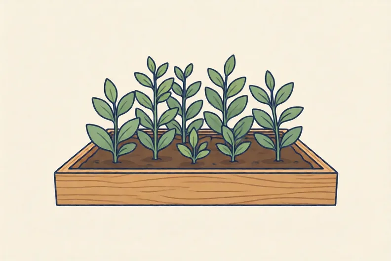A school garden bed with young plants in neat rows, no people