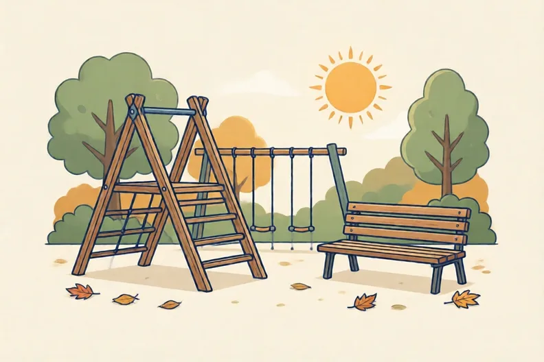 A quiet school playground with a climbing frame and a bench, no people