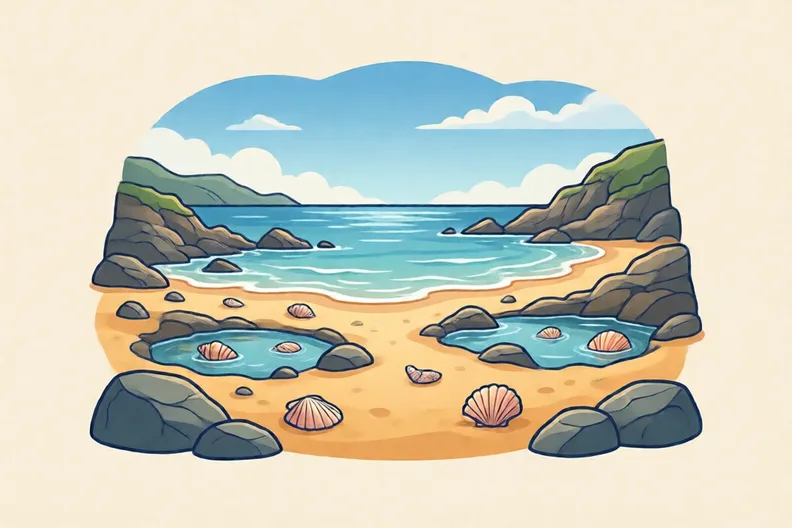A sandy beach with rock pools and a calm sea, no people