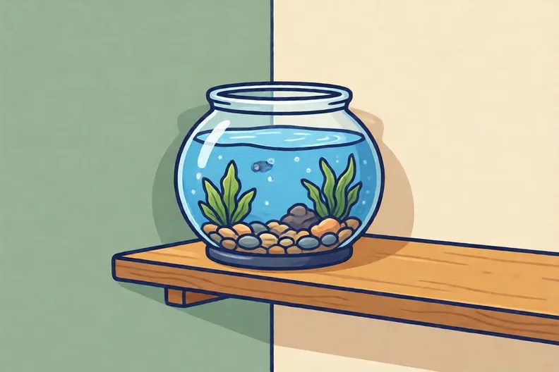 A fish tank on a shelf in an empty classroom corner