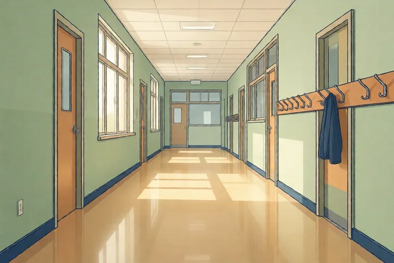An empty school corridor with a polished floor and coat pegs on the wall