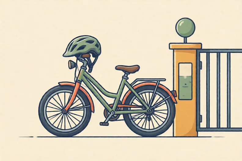 A bicycle with a helmet hanging from the handlebars beside a school gate