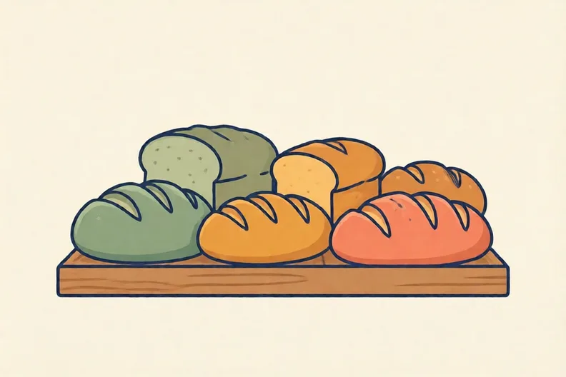 Loaves of bread on a bakery shelf